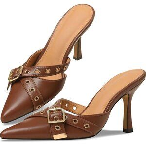 🆕 Kitten Heels Women Brown Polyurethane Studded Closed Pointed